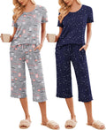 Ekouaer 2 Pack Women's Pajamas Set Capri Short Sleeve - Soft 2-Pack
