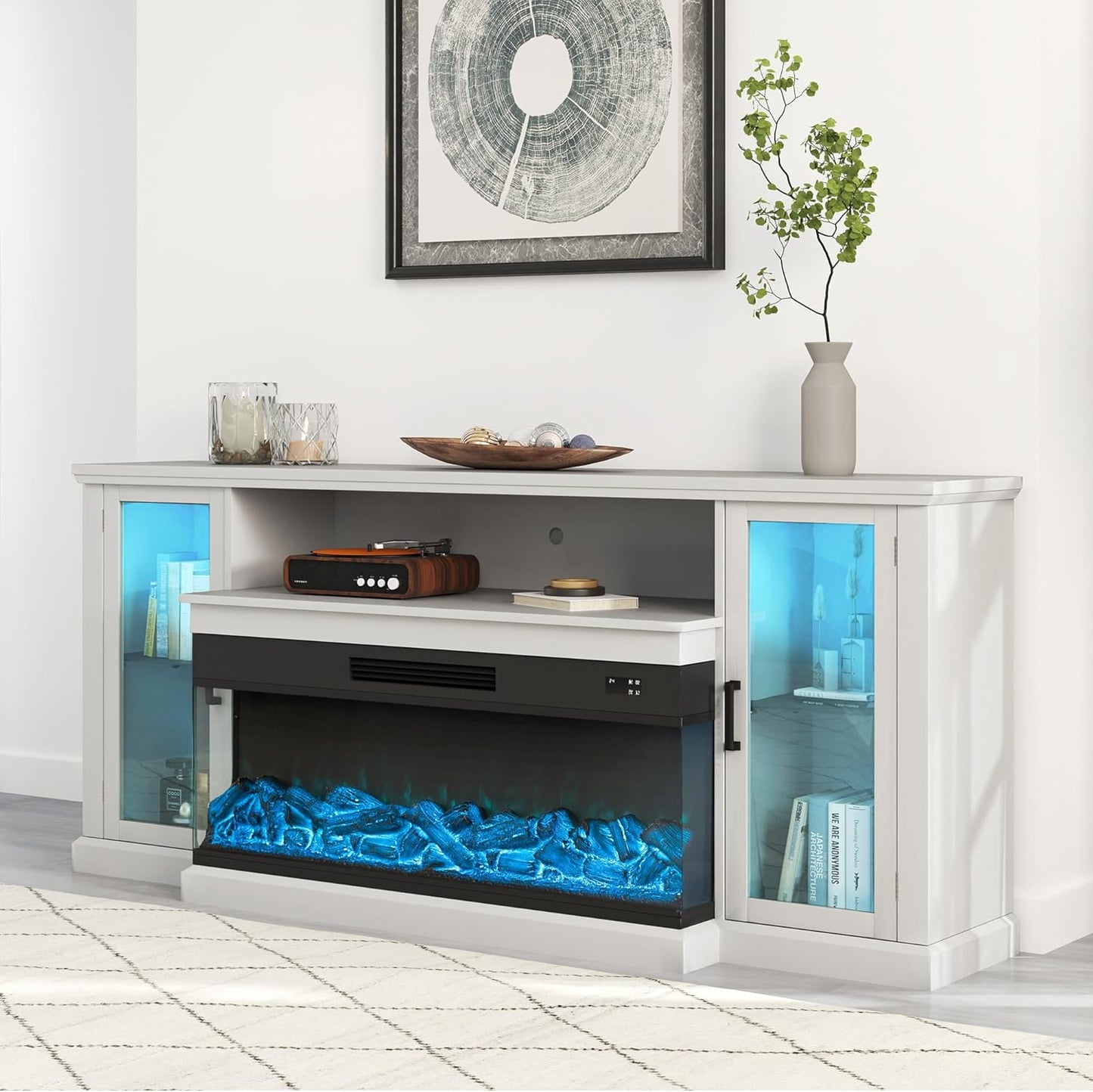 72.8 White Farmhouse TV Stand with Electric Fireplace