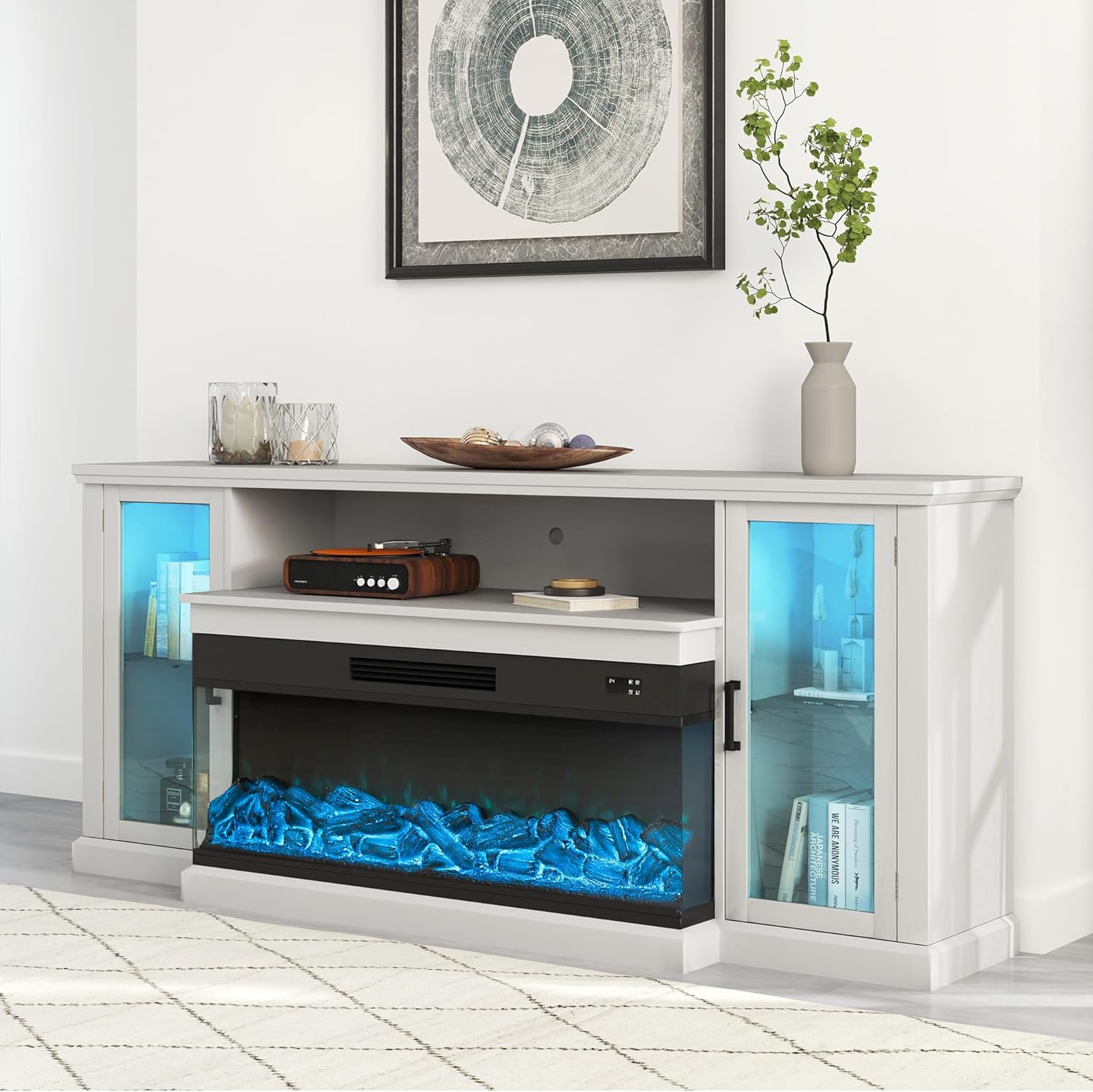 72.8 White Farmhouse TV Stand with Electric Fireplace
