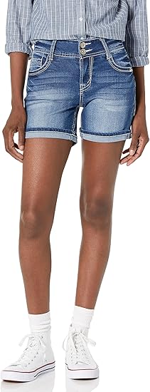 WallFlower Women's Luscious Curvy Denim Shorts with Bling and Belt
