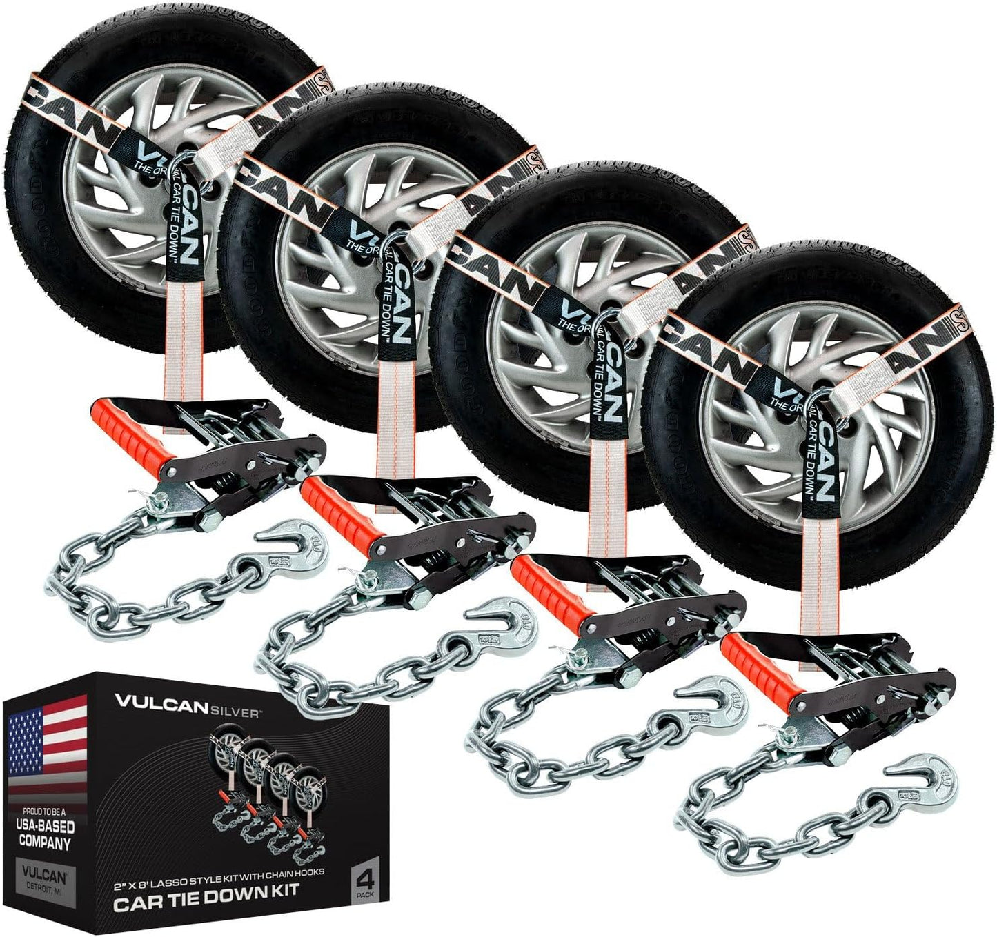 VULCAN Car Tie Down with Chain Anchors - Heavy Duty 4 Pack