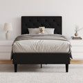 Twin Size Bed Frame with Headboard - Minimal Black Linen Twin