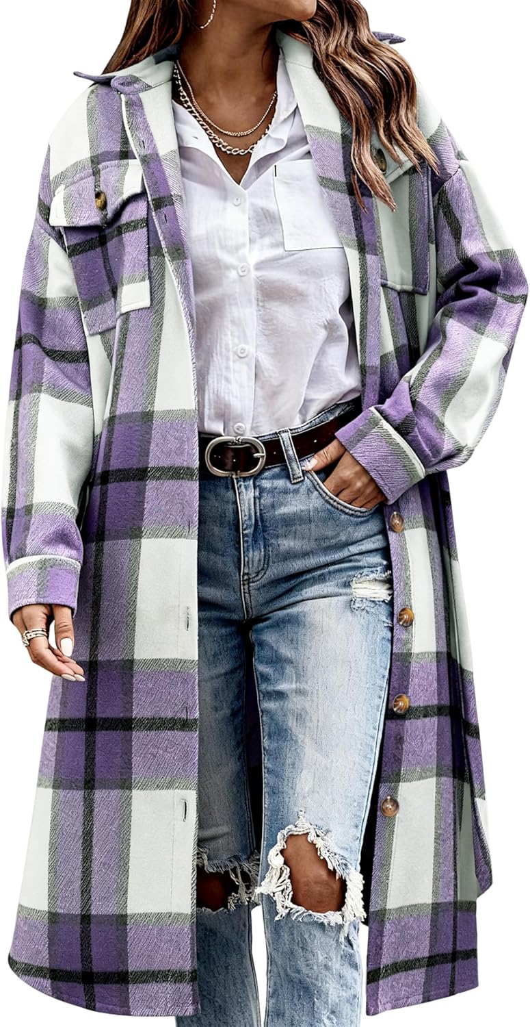 UANEO Plaid Coat Women Long Flannel Trench Jacket for Fall