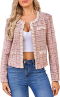 Women's Tweed Cropped Blazer Plaid Open Front - Elegant Work Jacket