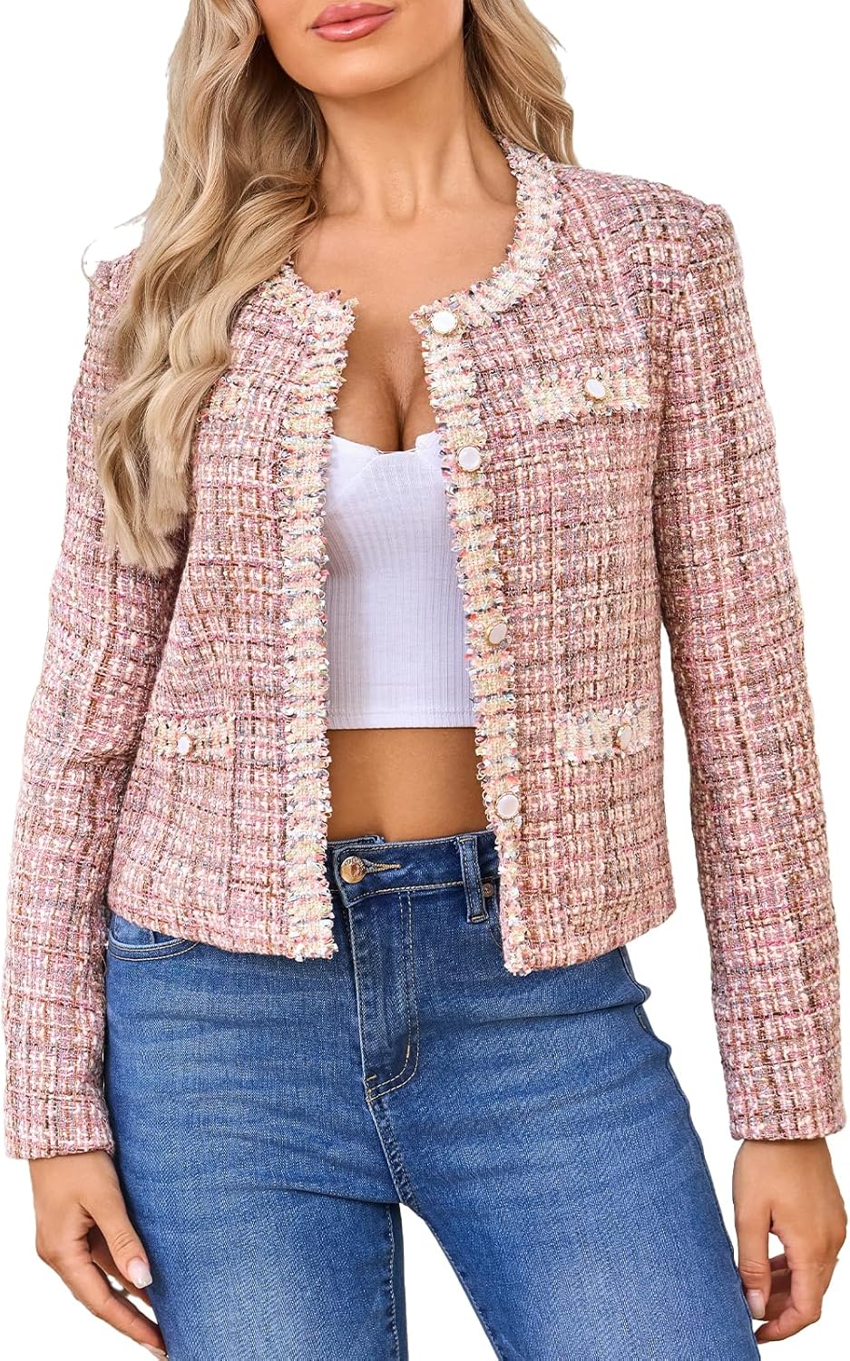 Women's Tweed Blazers Lightweight Cropped Long Sleeve Jacket