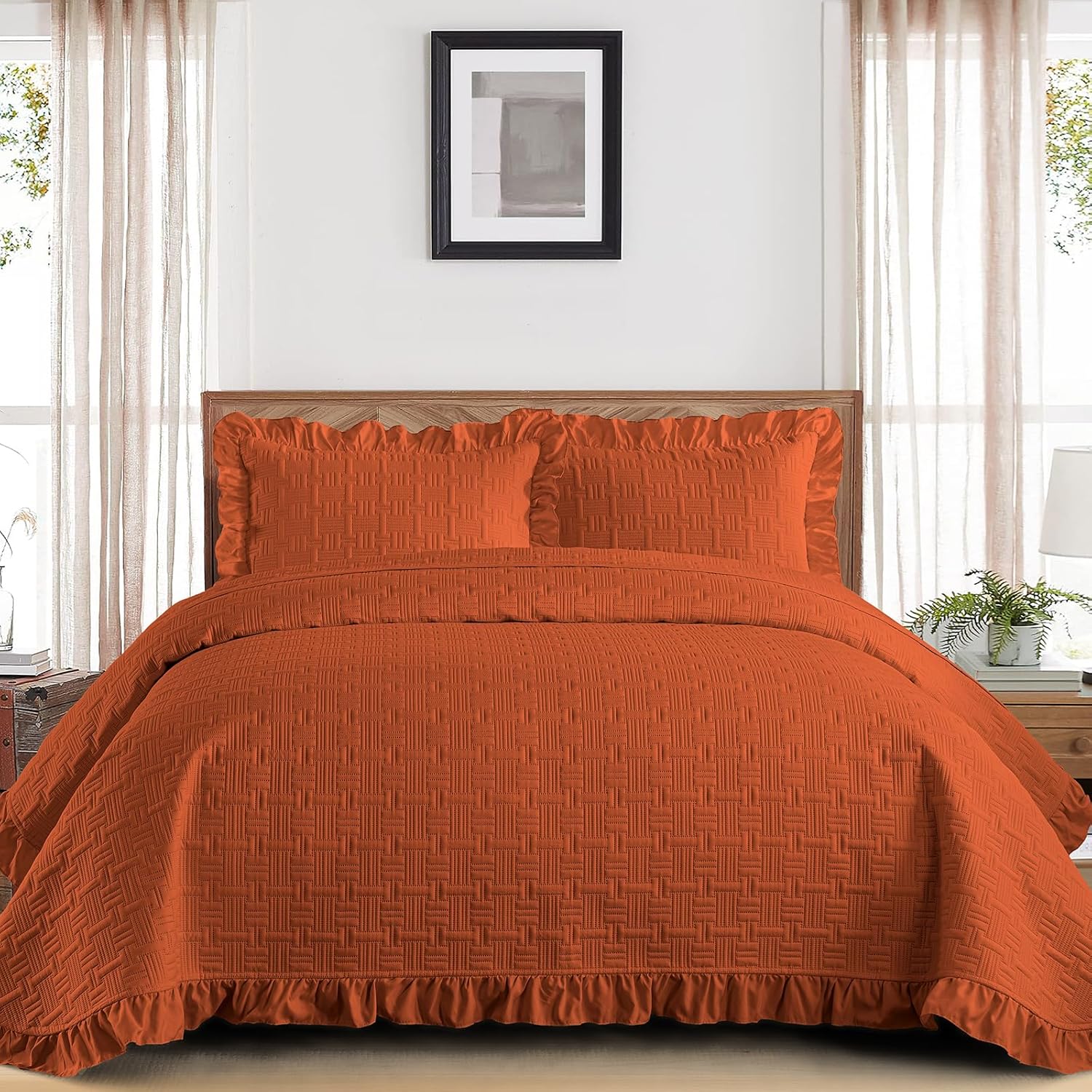 DJY Fall Queen Quilt Set 3 Pieces Lightweight Orange Bedspread