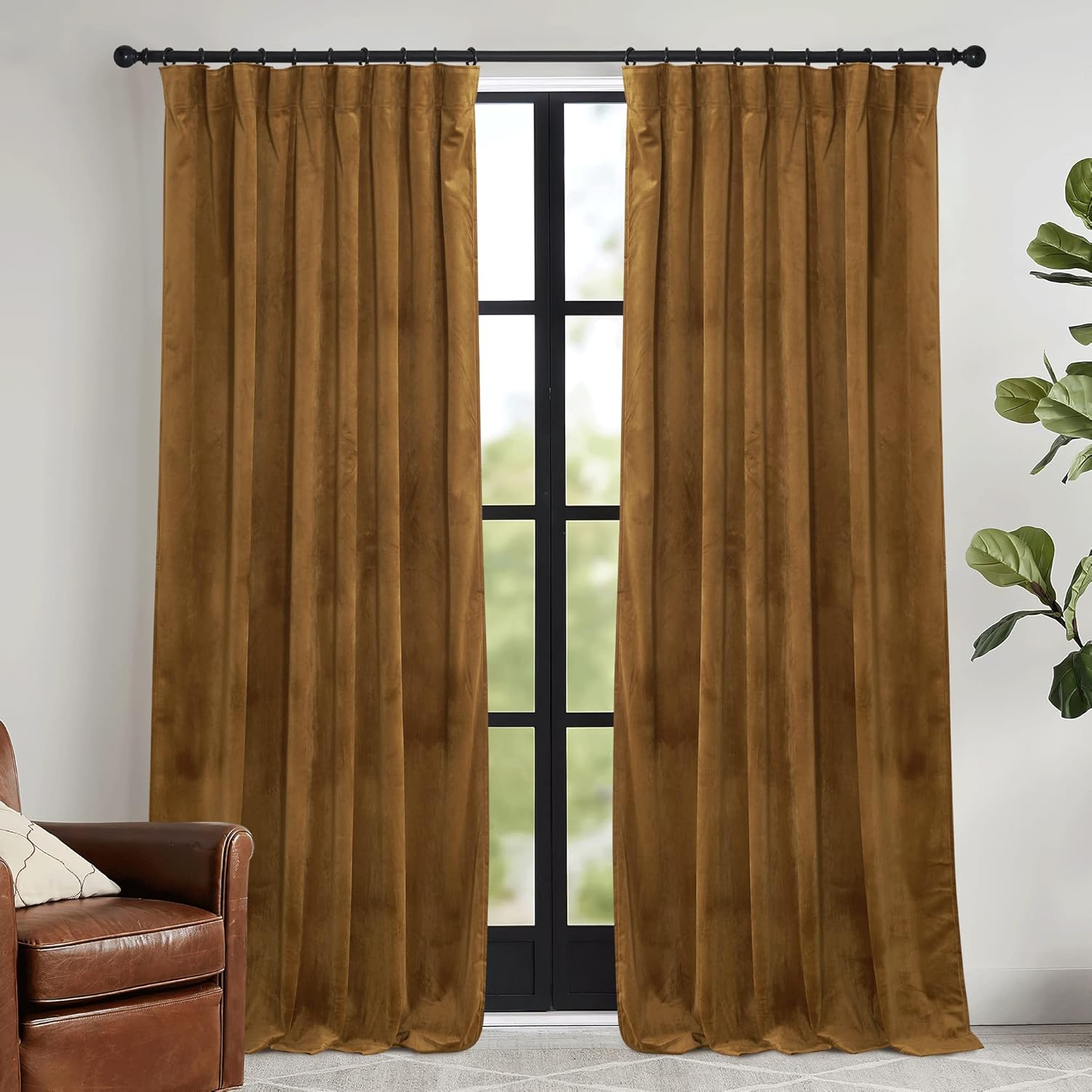 RYB HOME Brownish Gold Velvet Curtains for Vintage Elegance