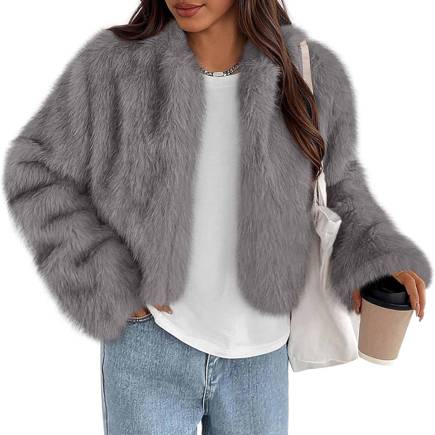Fluffy Cropped Faux Fur Jacket for Women - Trendy Winter Coats