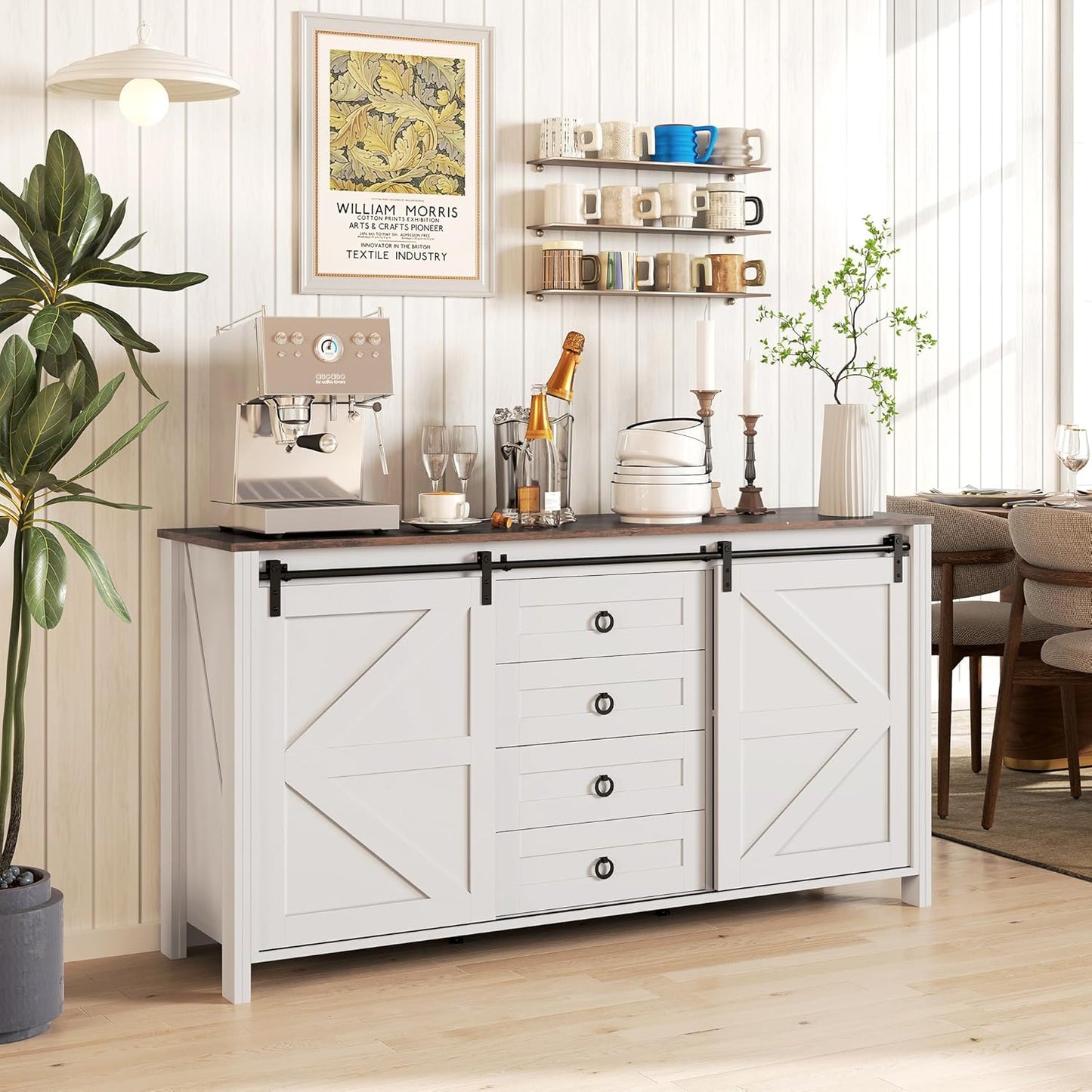 Farmhouse Sideboard with Sliding Barn Doors - Distressed Cream