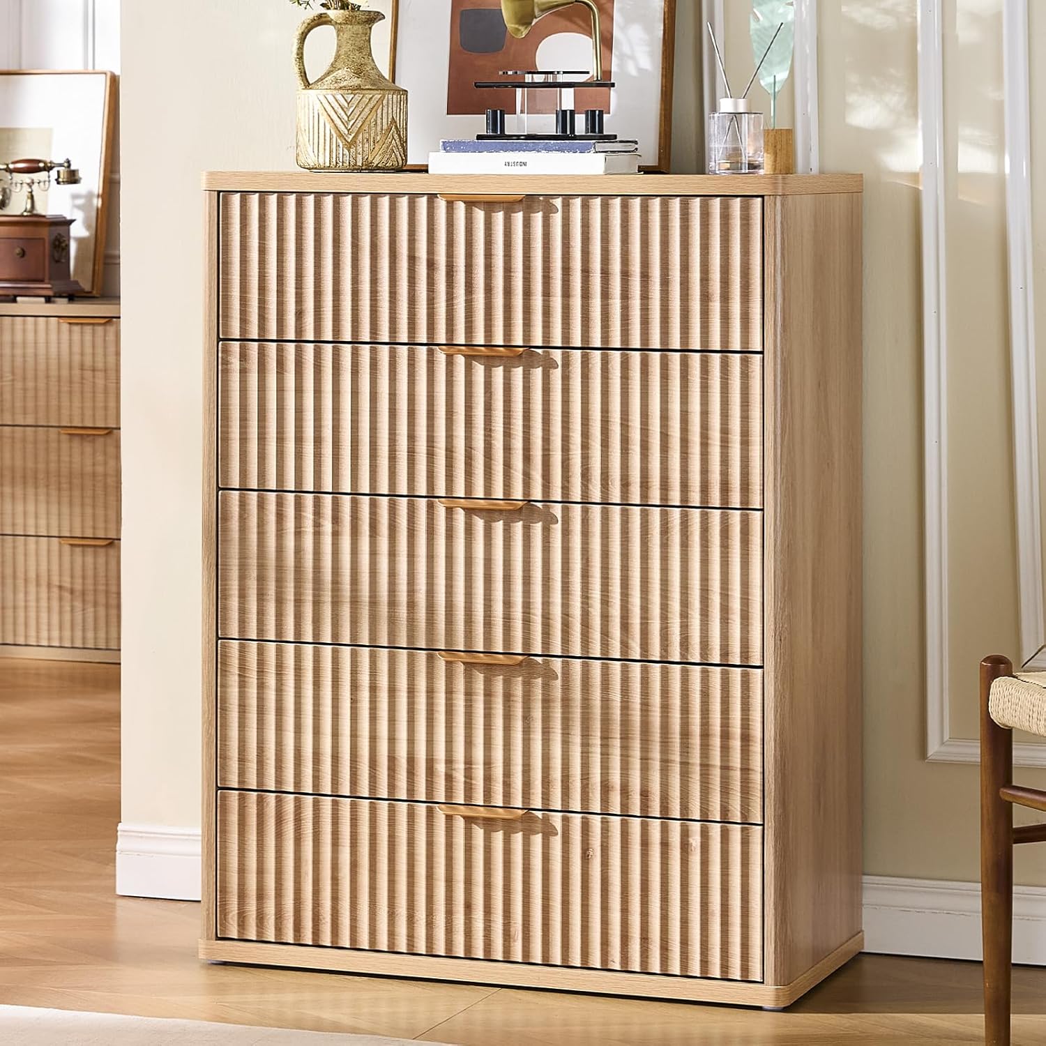 Fluted 5 Drawers Dresser for Bedroom - Modern Chest Organizer