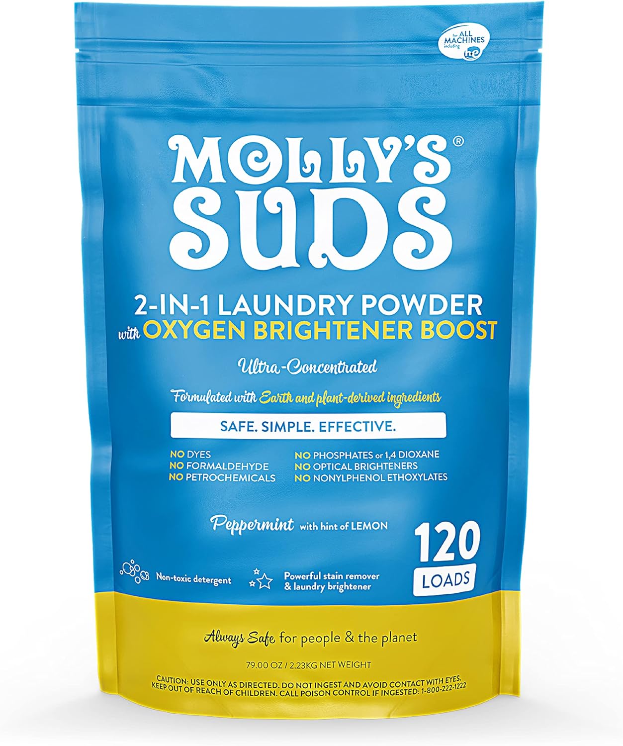 Molly's Suds 2-in-1 Laundry Powder | Brightens & Cleans | Peppermint Lemon | 120 Loads