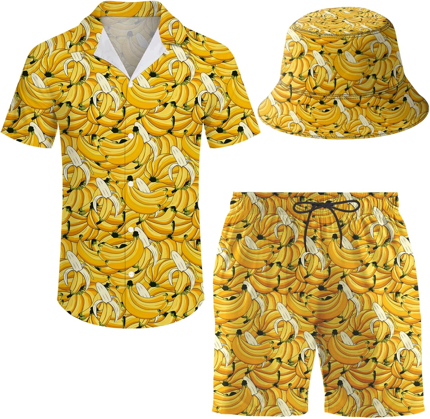 Men's Hawaiian Shirt and Shorts Set with Bucket Hat for Summer