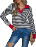 V Neck Color Block Polo Sweater Women - Cozy Striped Pullover