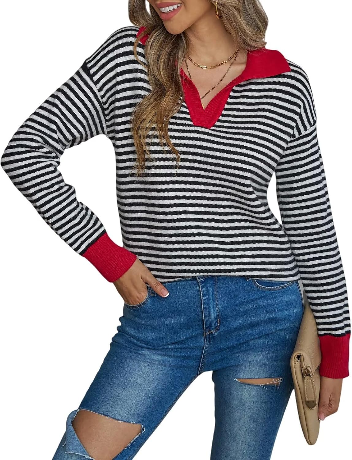 CiCiBird Women Fall V Neck Sweater Color Block Casual Pullover