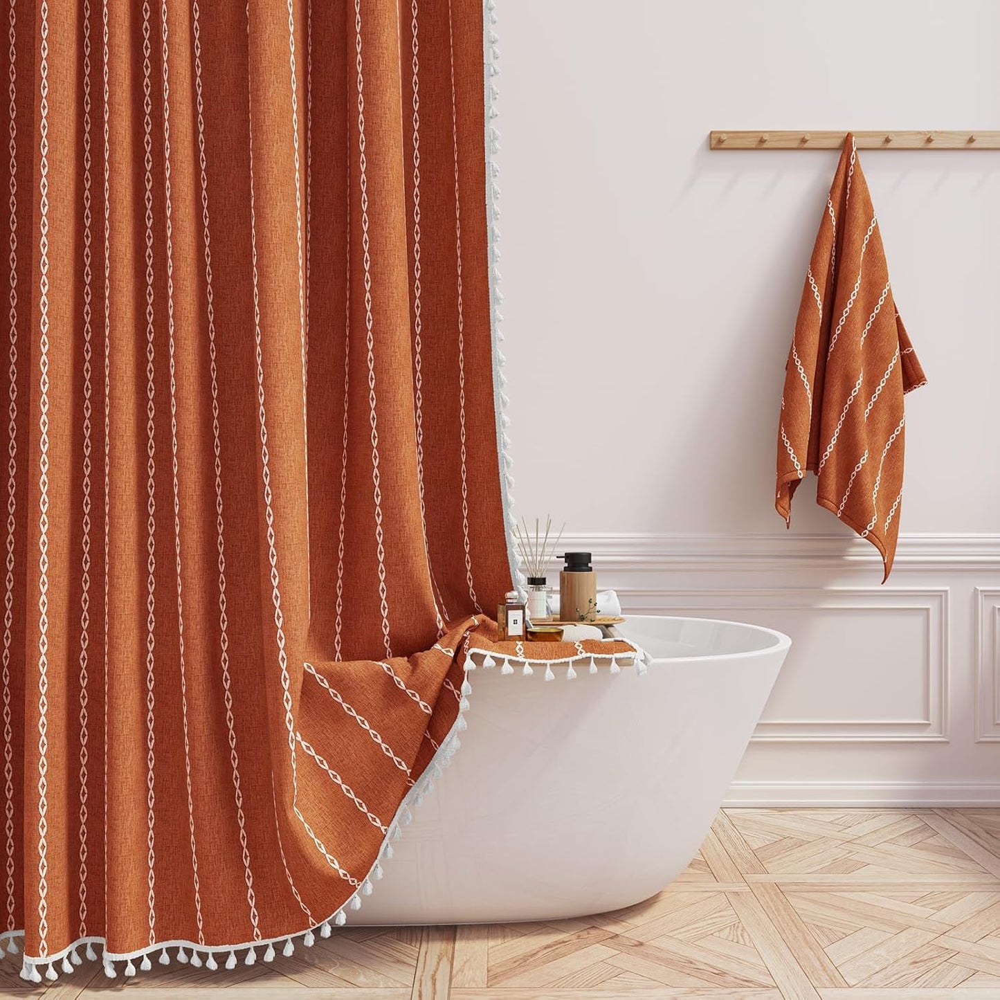 Boho Farmhouse Shower Curtain Set with Tassels for Bathroom