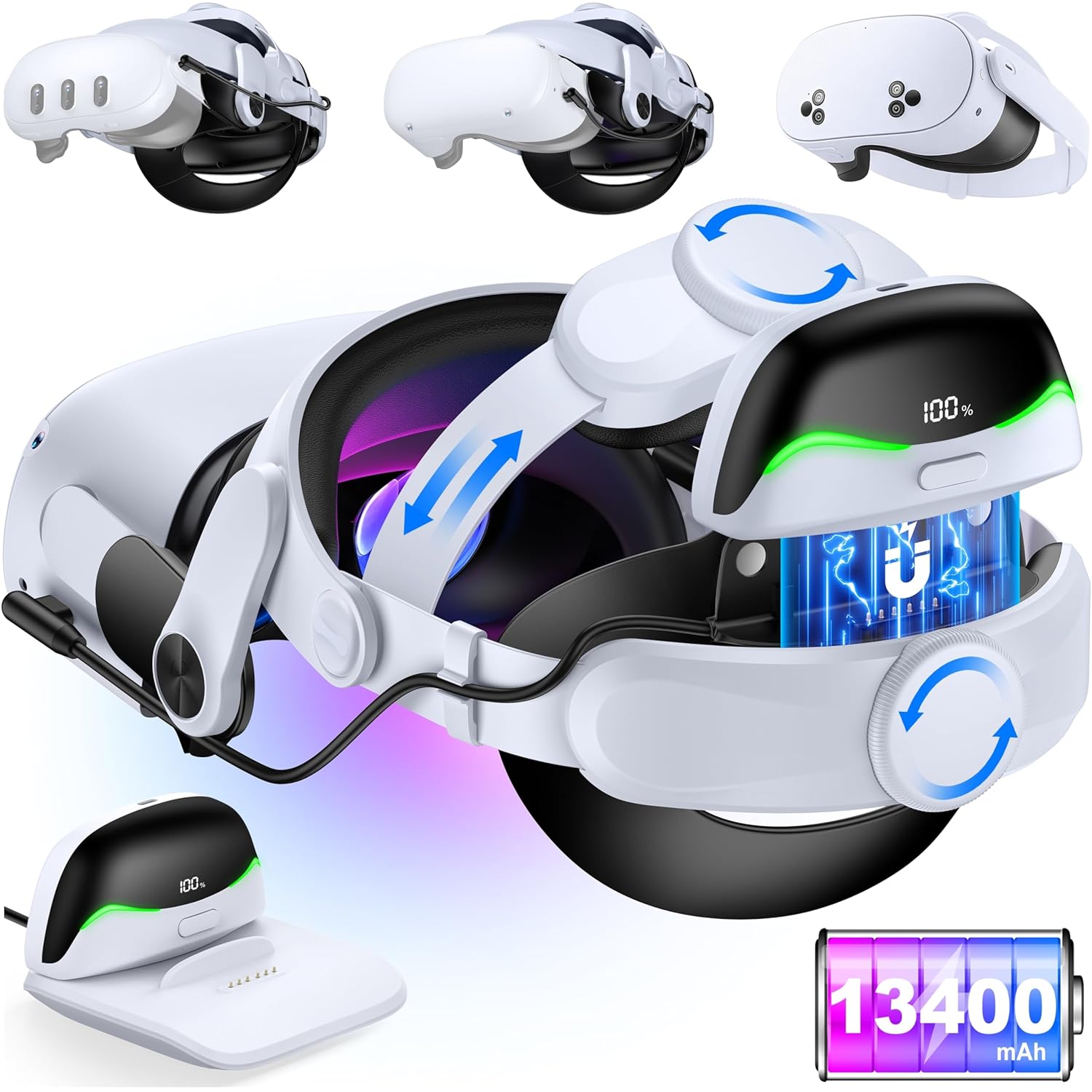 Battery Head Strap for Meta Quest 3/2 with Hot-Swappable Power