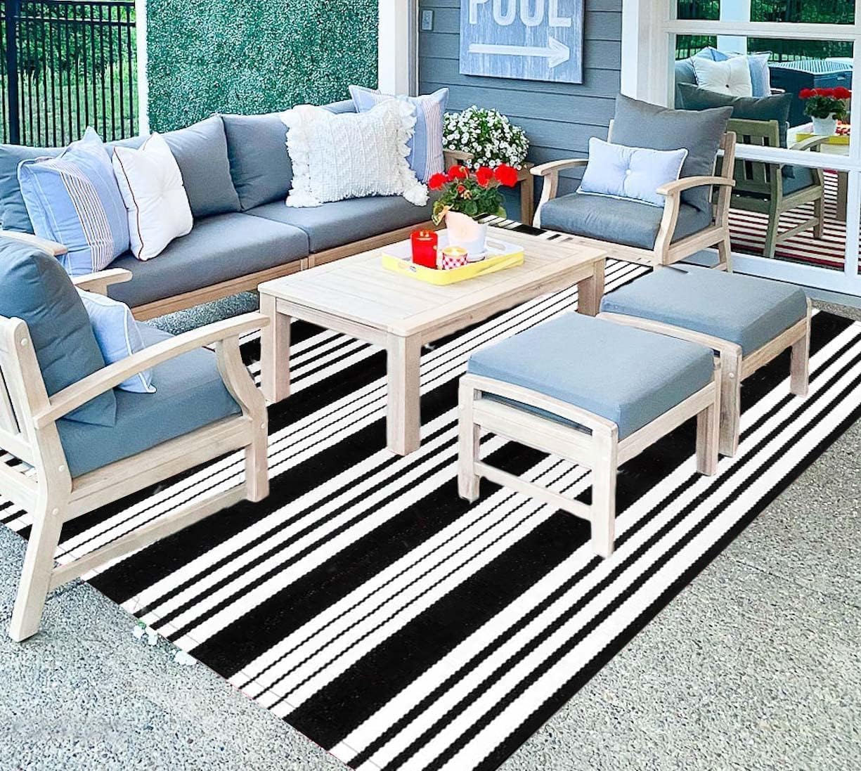 BUAGETUP Black and White Striped Outdoor Patio Rug for All Spaces