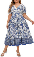 Plus Size Boho Floral Maxi Dress - Shirred Square Neck Fit