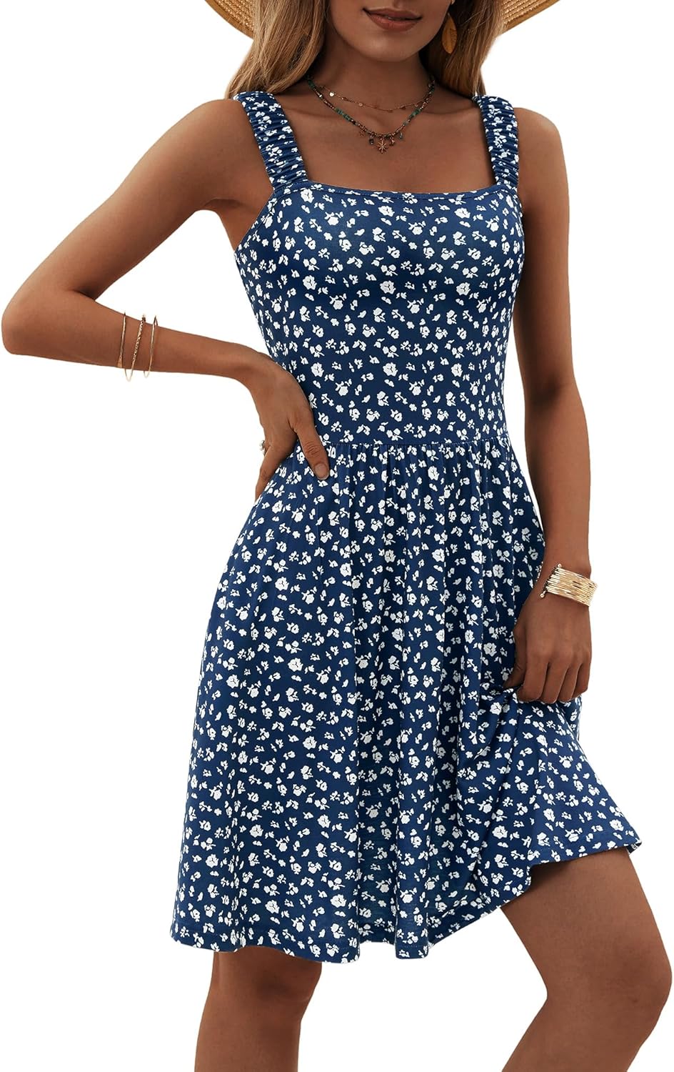 Stylish Women's Summer Casual Square Neck Dress with Pockets
