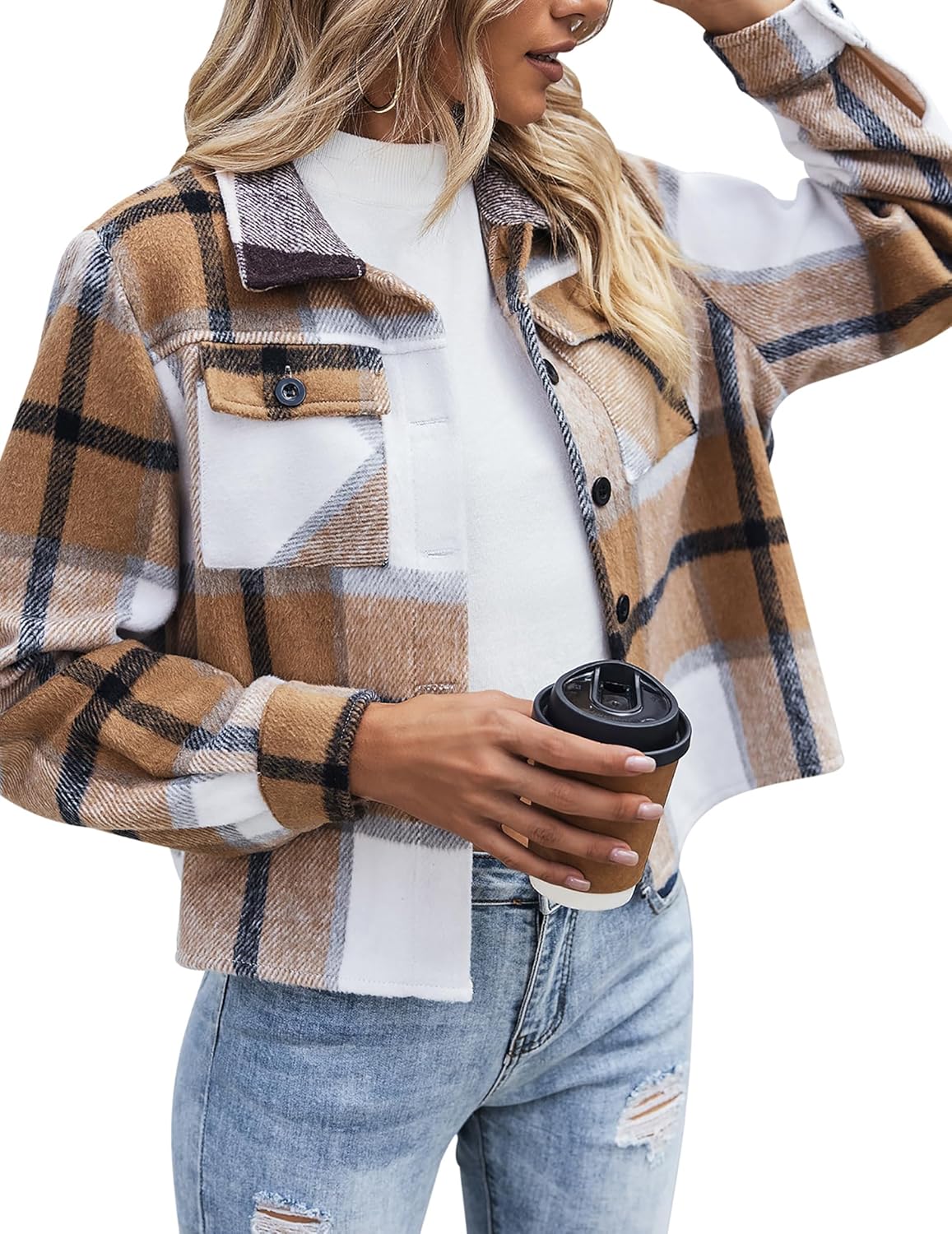 Cropped Flannel Shacket Jacket for Women - Fashionable Plaid Top