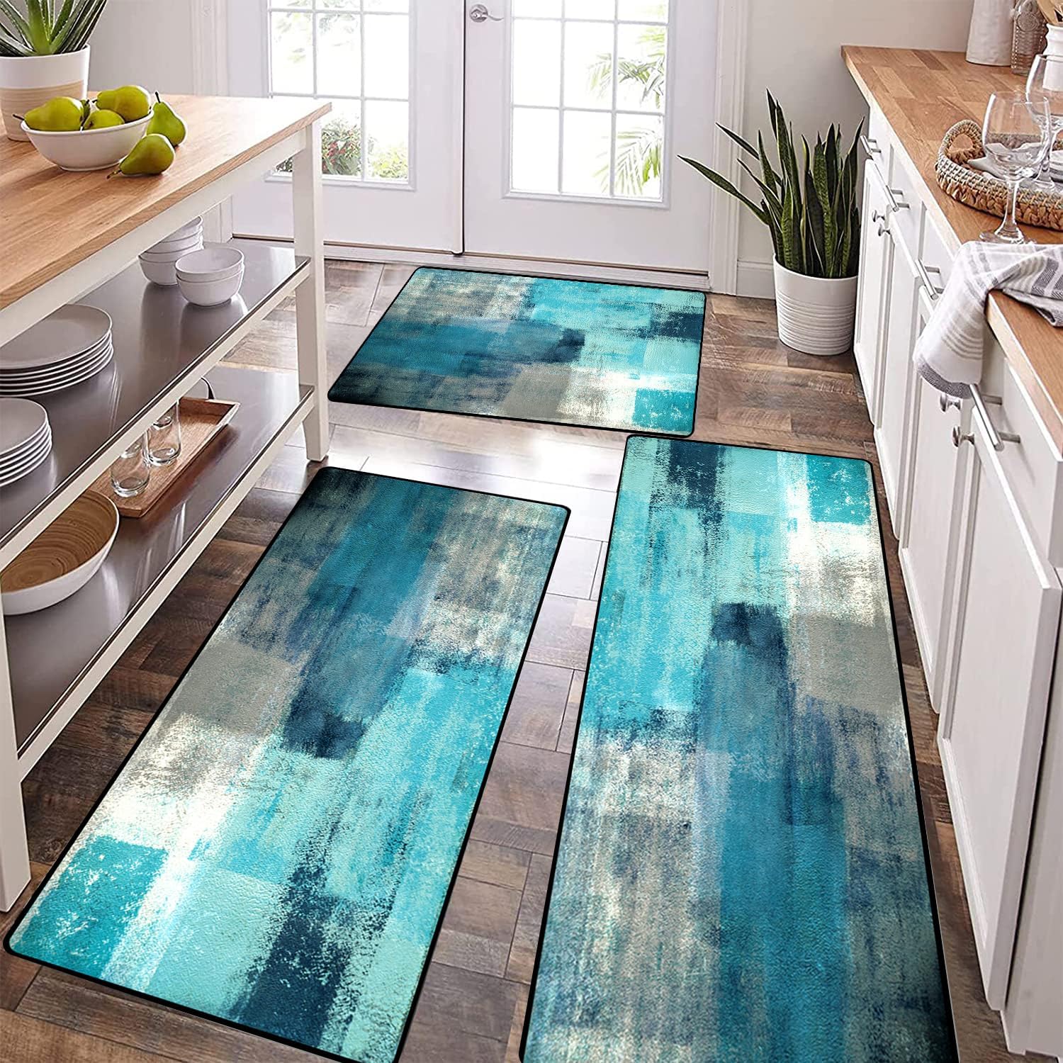 TOMWISH Kitchen Mat Set 3PCS Turquoise Grey Abstract Art