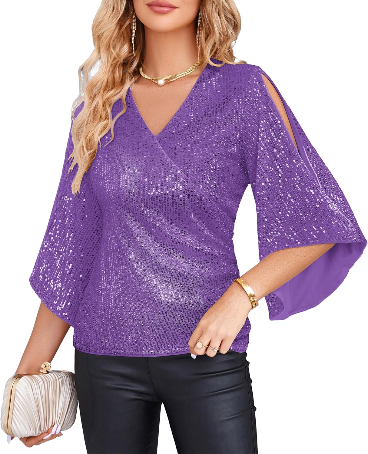 Sparkly Sequin Tops for Women - V-Neck Glitter Blouse