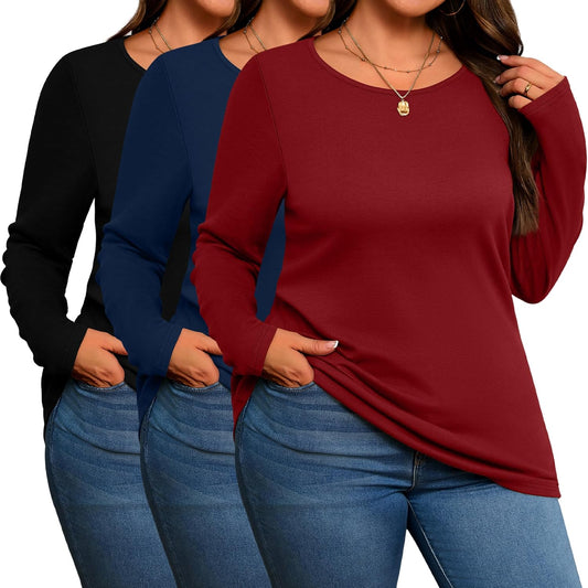 Plus Size Cotton Shirts for Women - 3 Pack Long Sleeve Tops