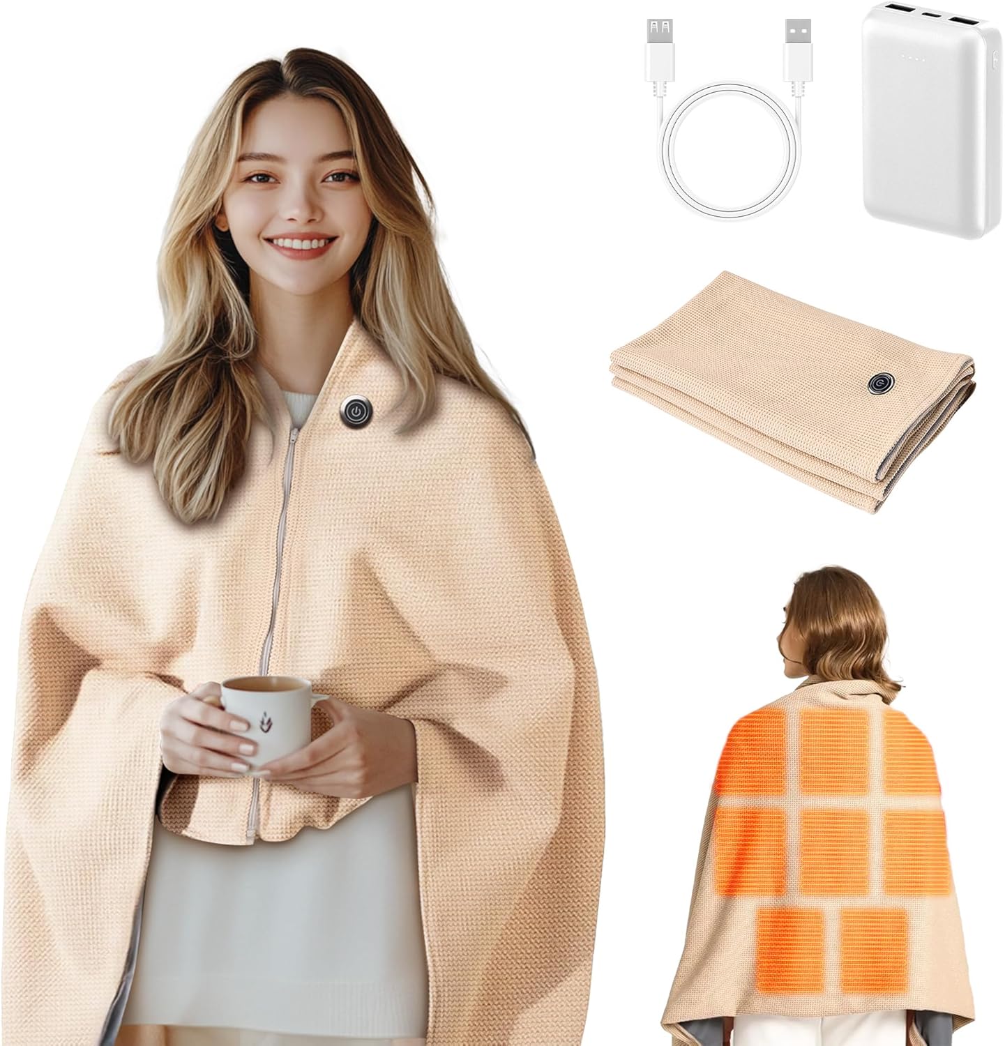 Portable Heated Shawl Wraps for Women - Soft Zipper Electric Blanket