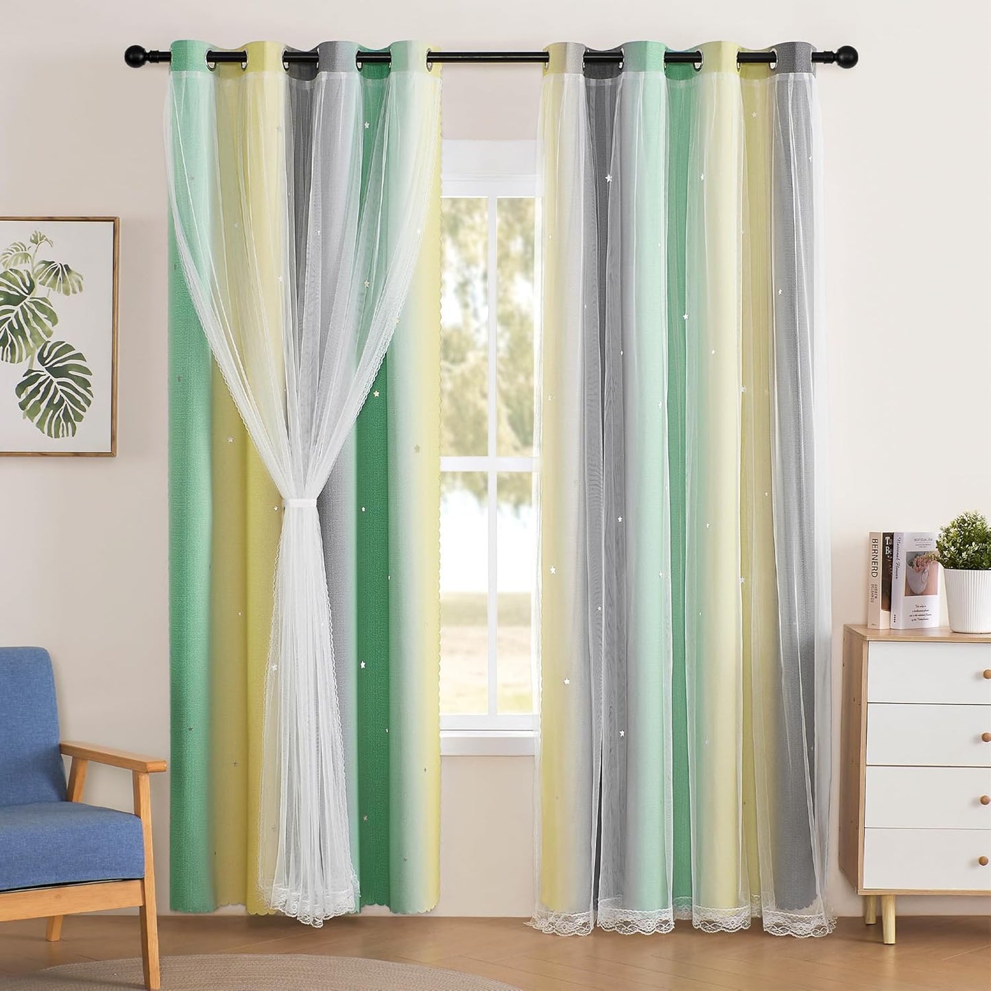 XiDi Yellow Curtains for Girls Bedroom Decor with Rainbow Design