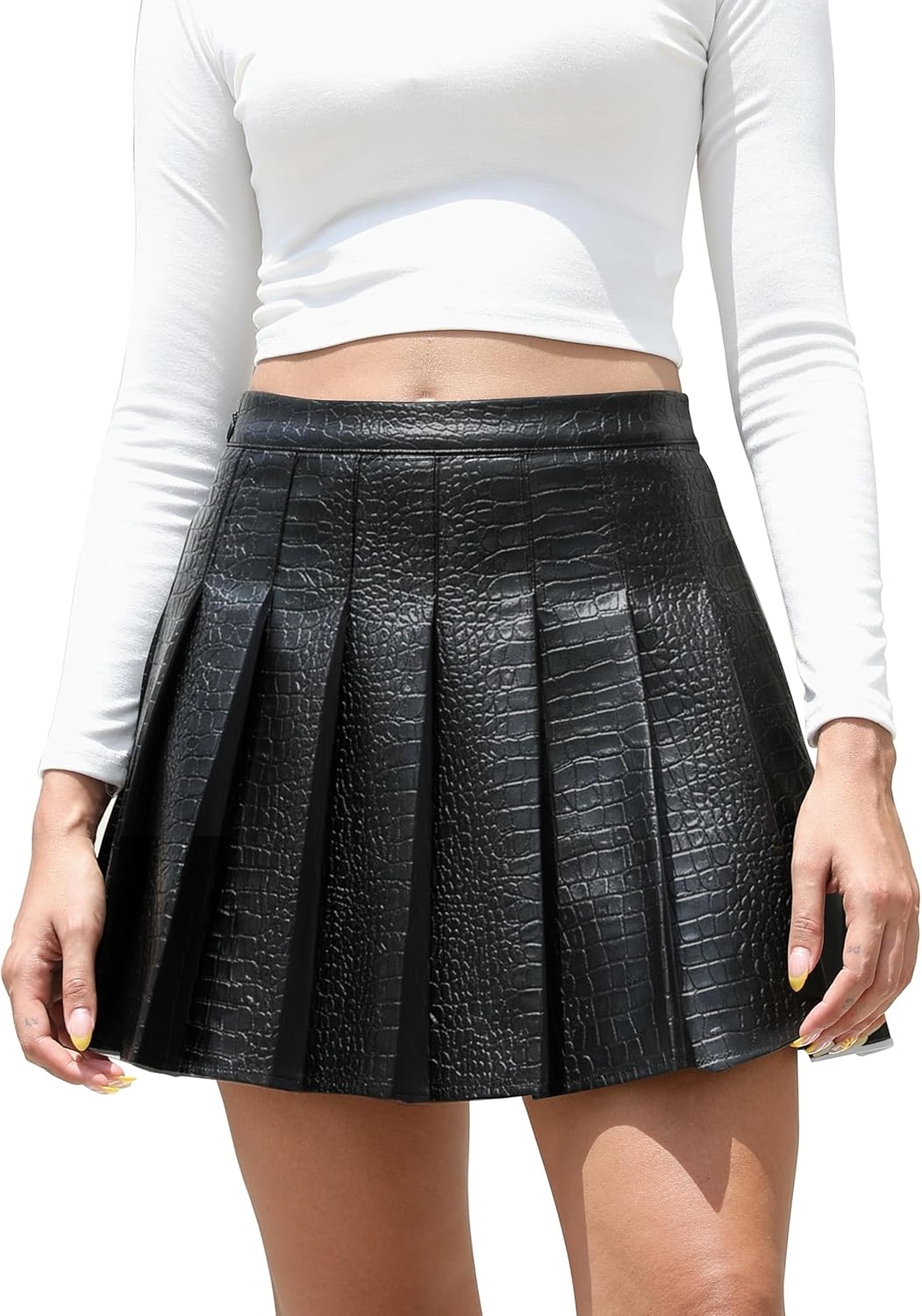 Easisim Womens Faux Leather Mini Skirt High Waisted A-line Style