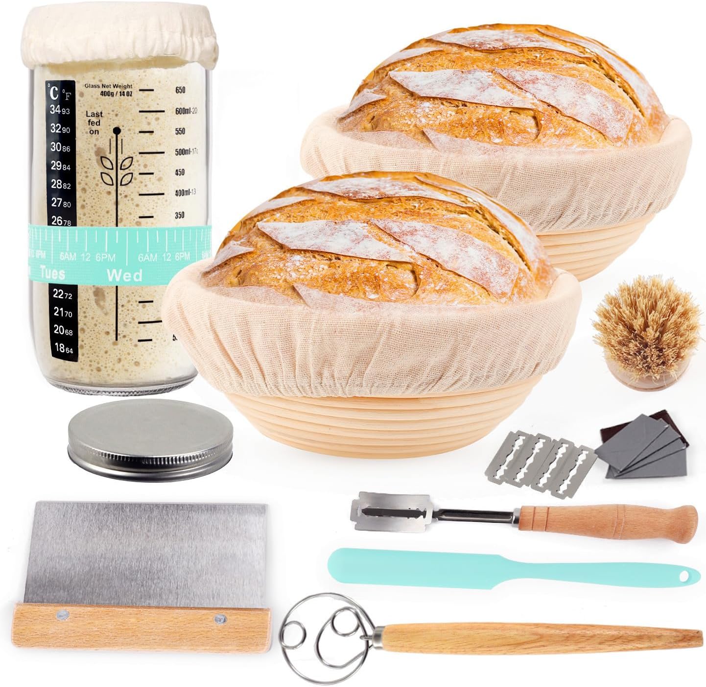 Sourdough Starter Kit with 2 Round 8.5in Proofing Baskets