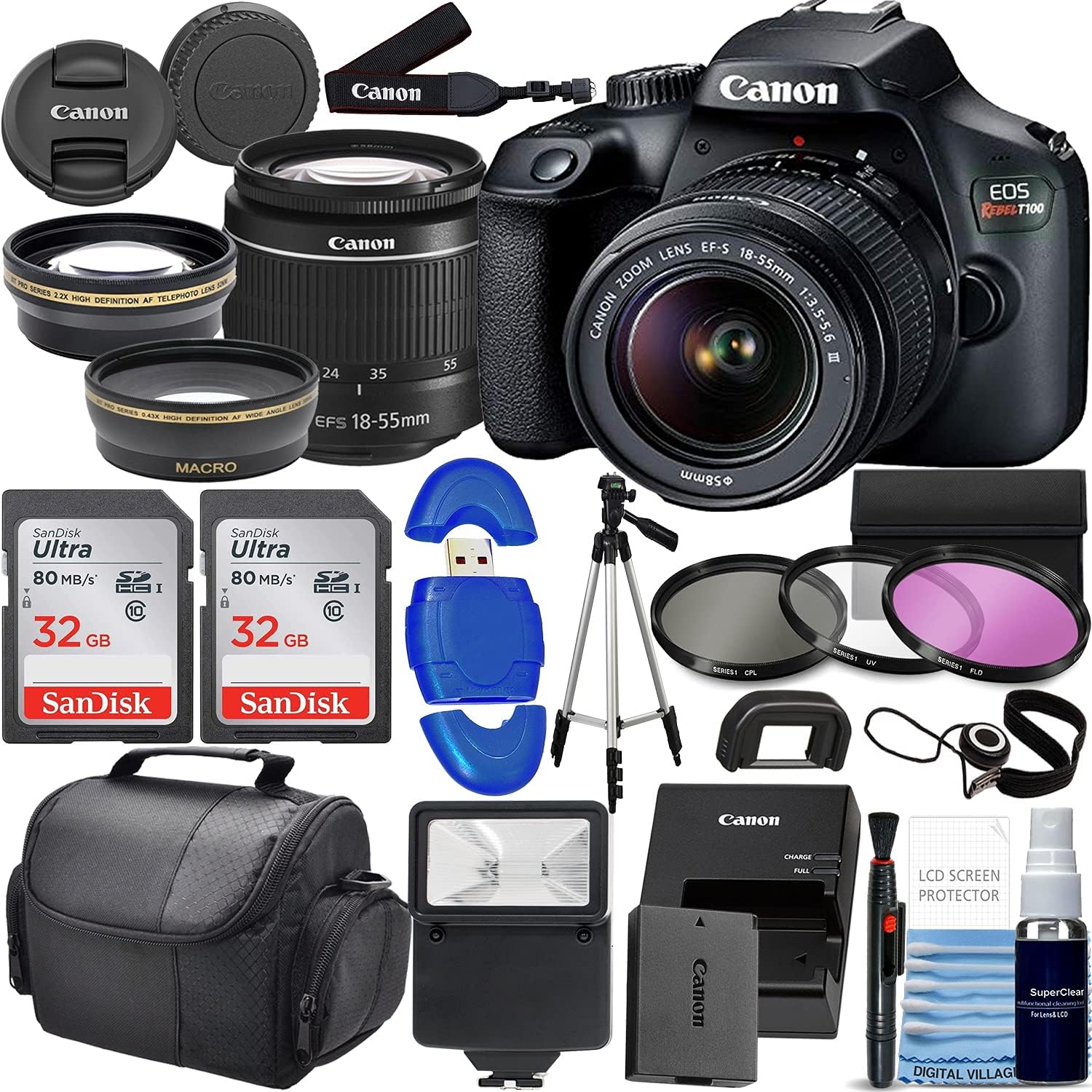 Canon Rebel T100 DSLR Camera Bundle with 18-55mm Lens and More
