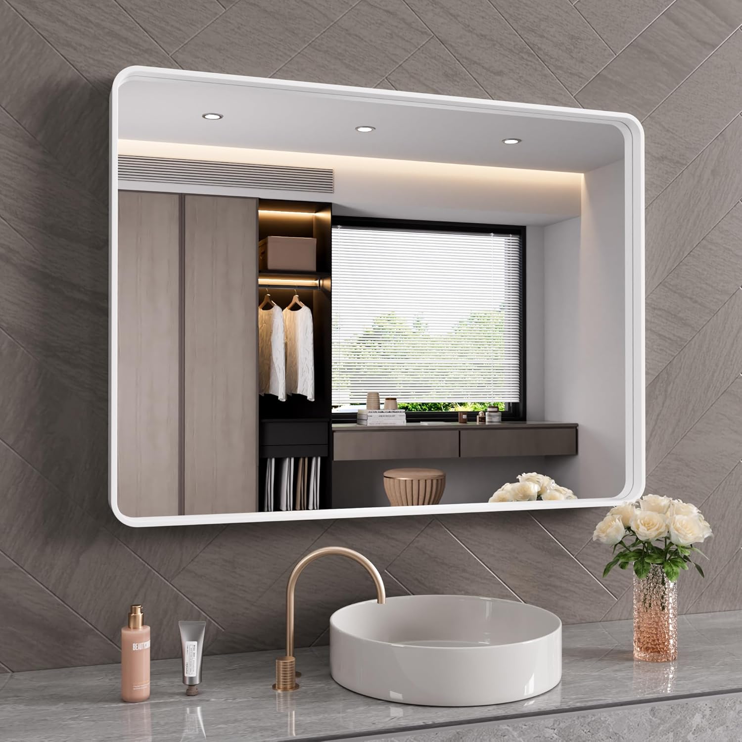 White Bathroom Mirror 40x30 Inch with Elegant Metal Frame