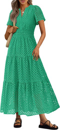 Women's 2025 Summer Maxi Dress Eyelet V Neck - Flowy A Line