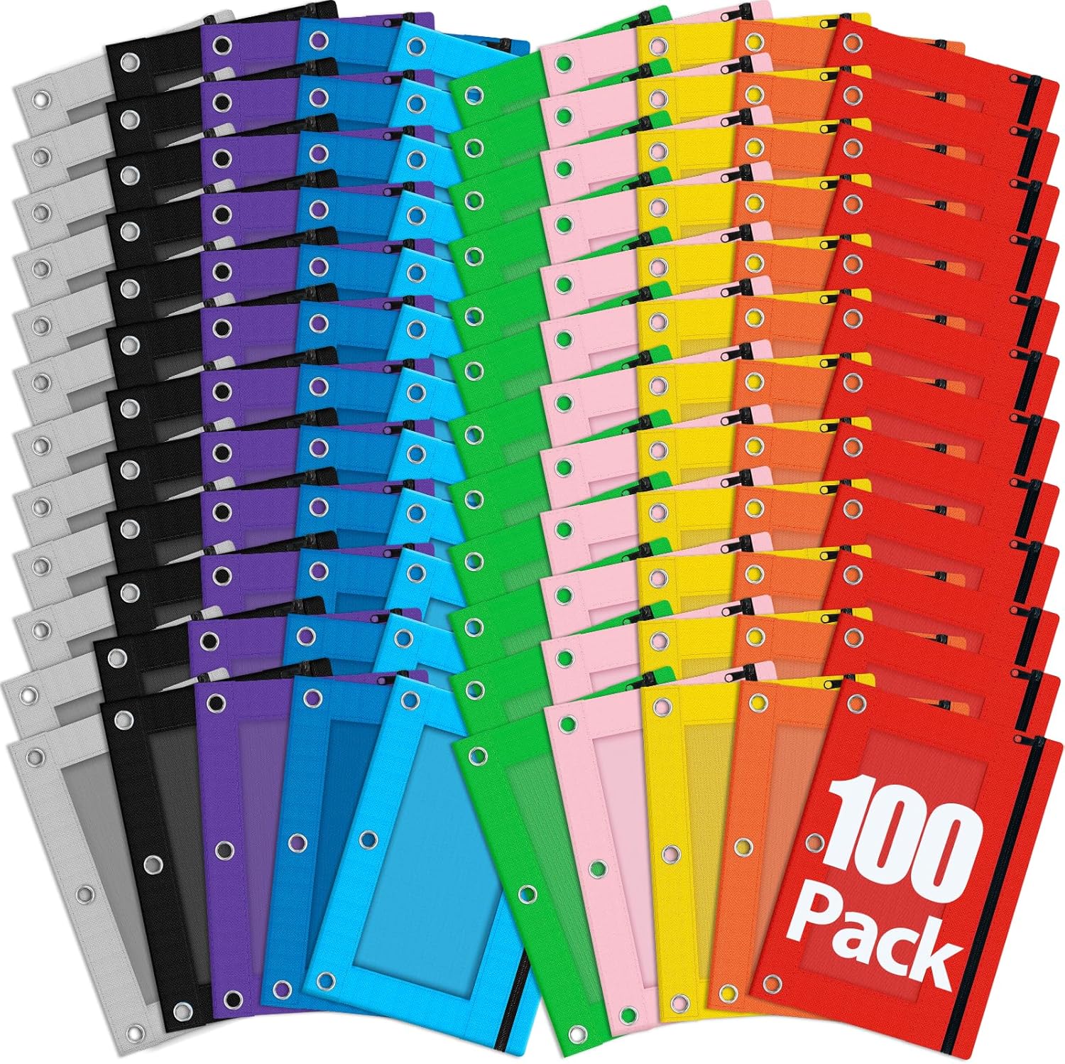 100 Pcs Pencil Pouch for 3 Ring Binder - Colorful Bulk Set
