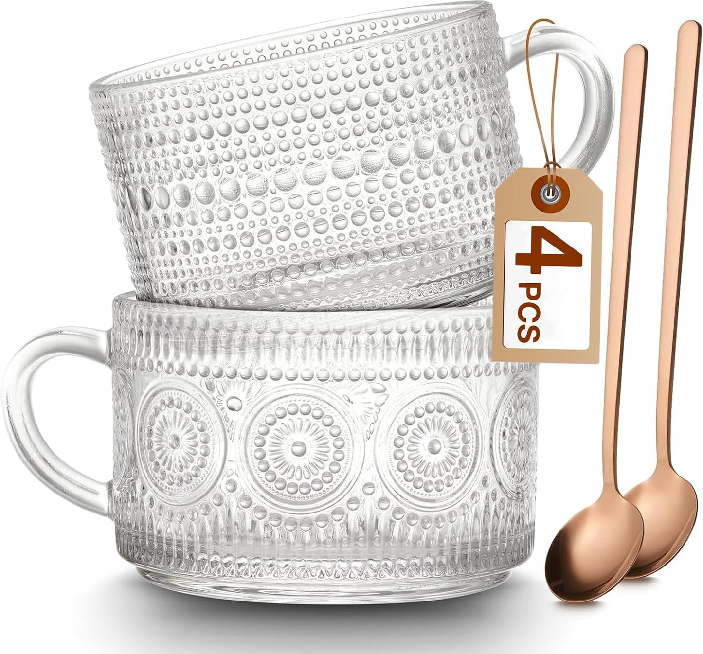 Embossed Glass Coffee Mugs Set - Vintage Charm