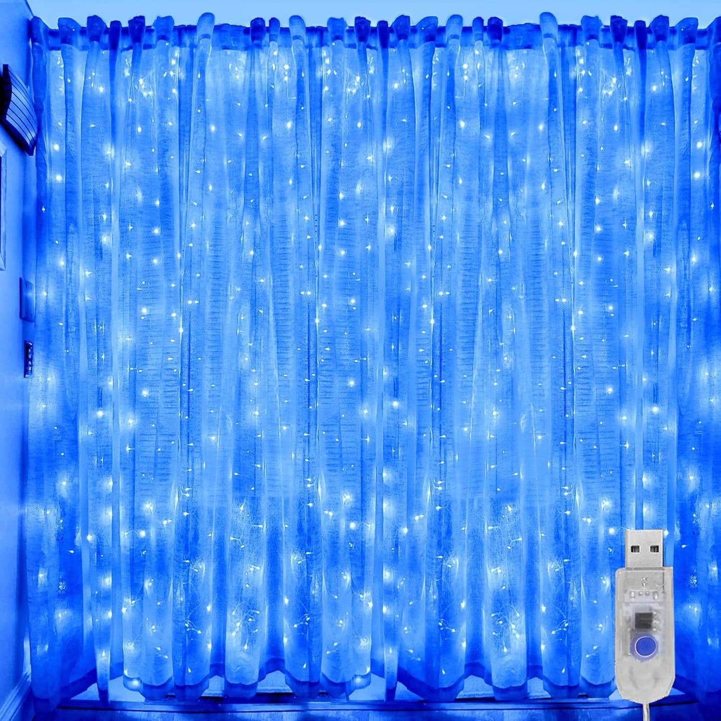 ALENEY Blue Fairy Curtain Lights - 300 LED USB Plug-In, 8 Modes, Perfect for Valentine's Day Decor