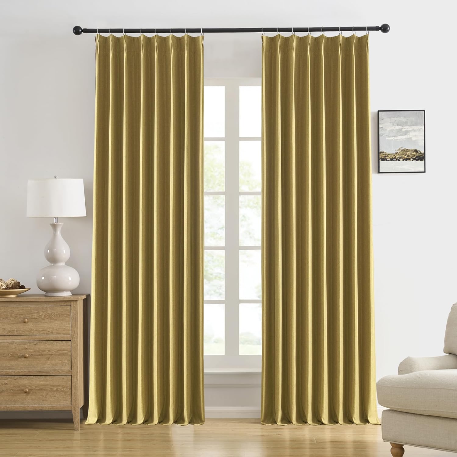 DUALIFE Mustard Yellow Pinch Pleated Blackout Curtains 105 in