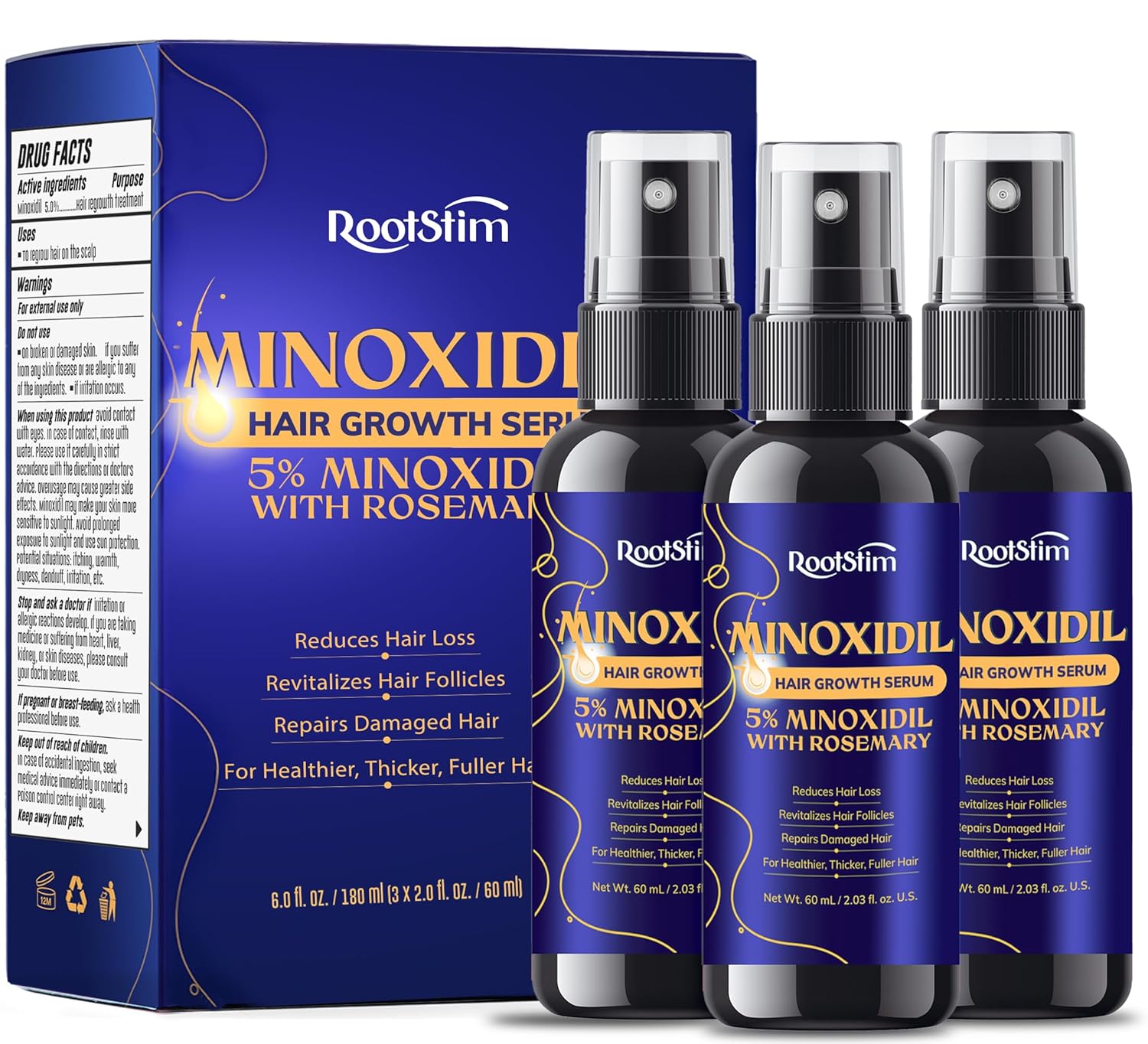 5% Minoxidil Hair Growth for Men and Women: Extra Strength 3-Pack