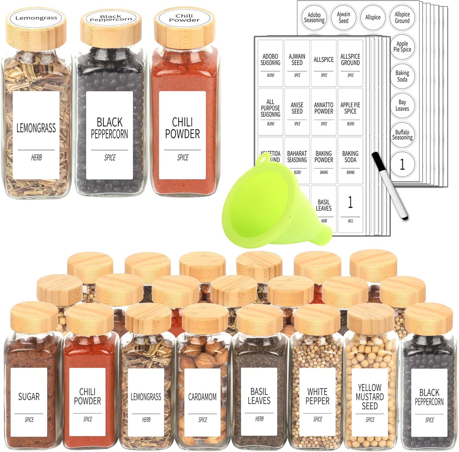 24 Pcs 8 oz Square Spice Jars with Bamboo Lids and Labels