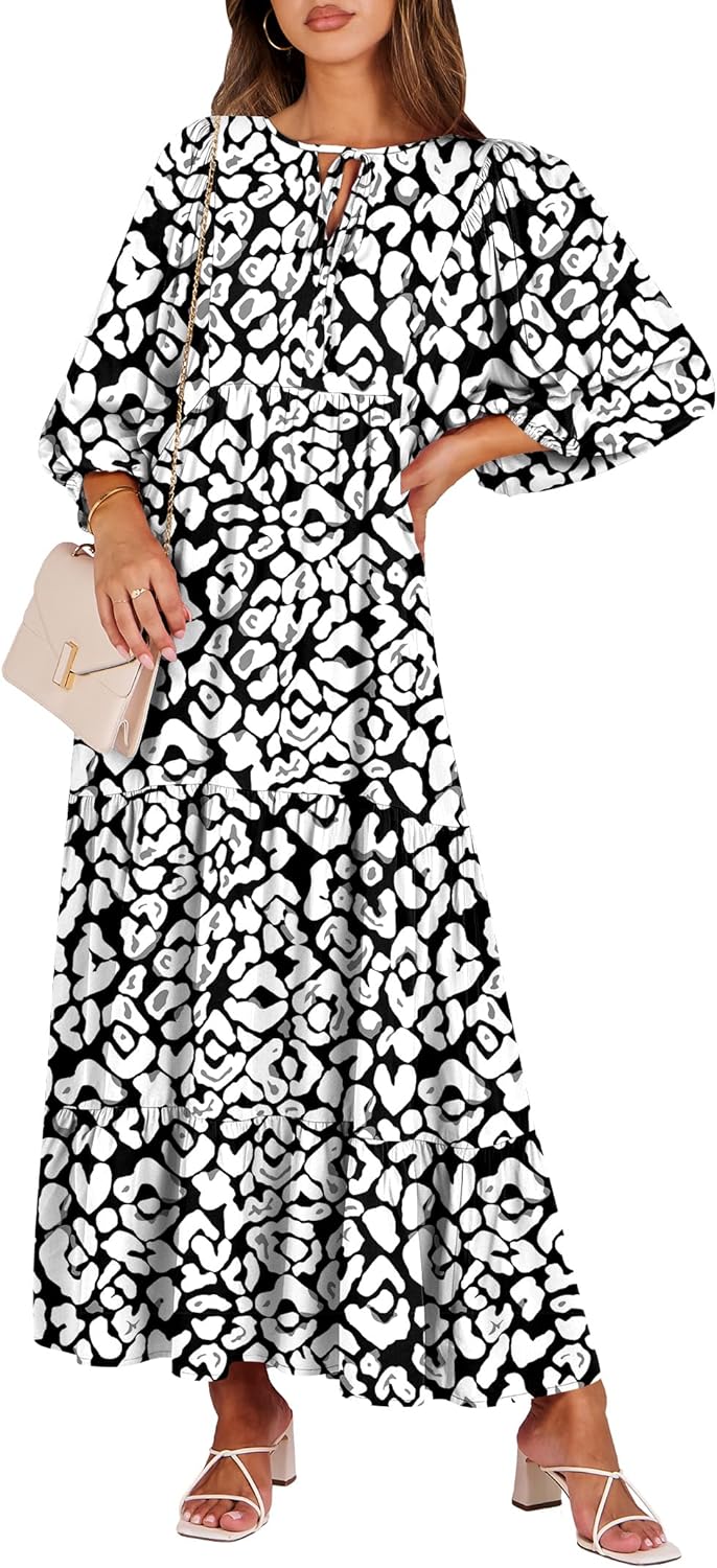 Boho Maxi Dresses for Women - Floral V Neck Puff Sleeve Style