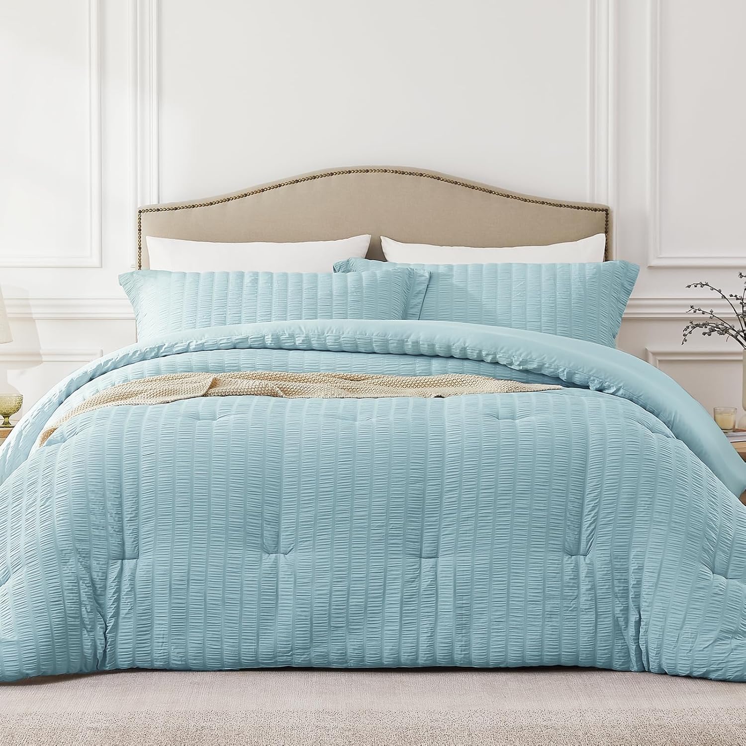 Queen Comforter Set Mist Blue, Lightweight Seersucker Bedding