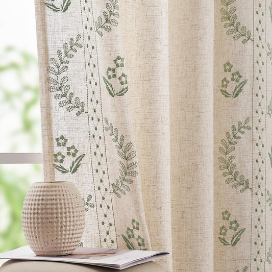 Floral Linen Curtains for Bedroom with Embroidered Design