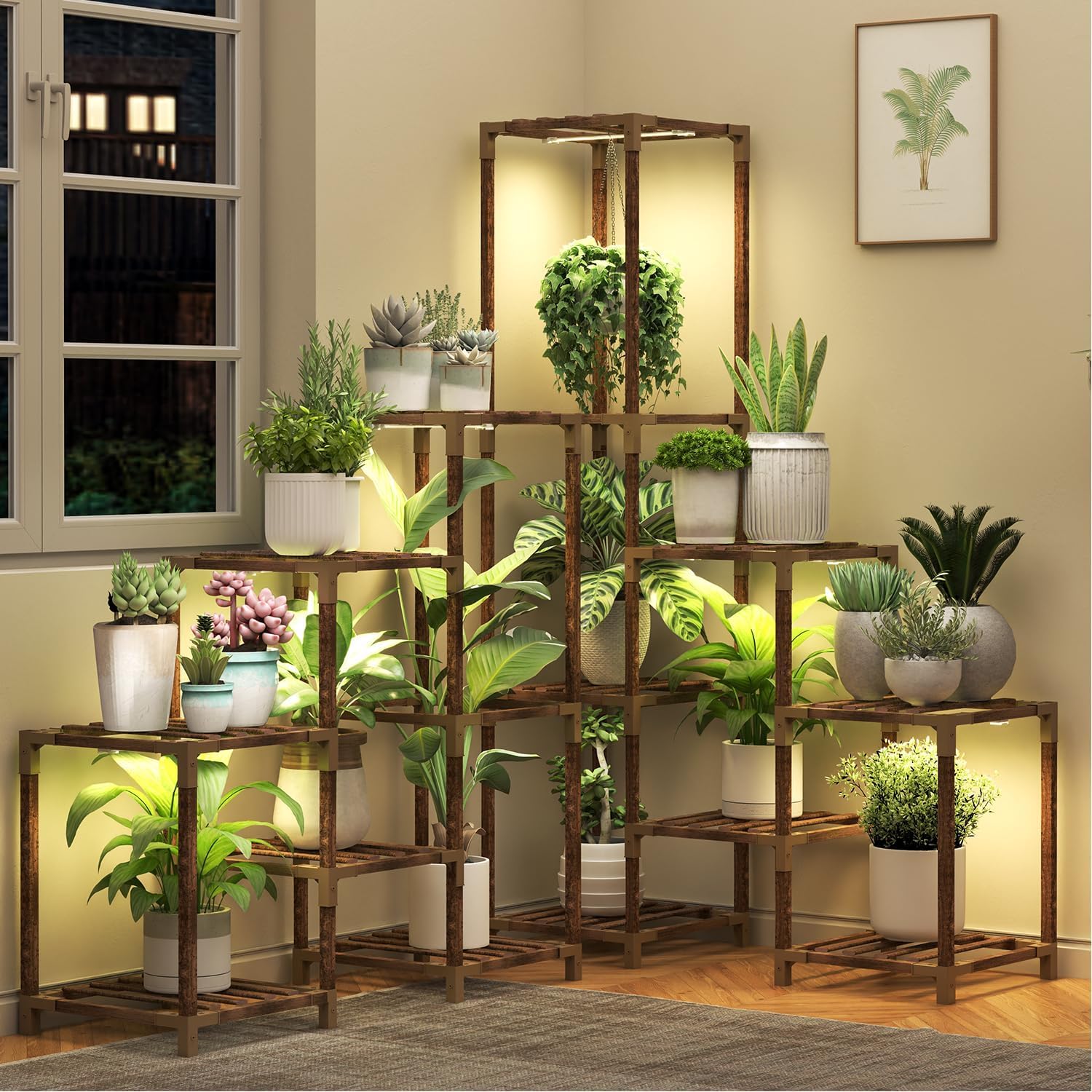 HOMKIRT Large Corner Plant Stand with Grow Light for Indoor Use