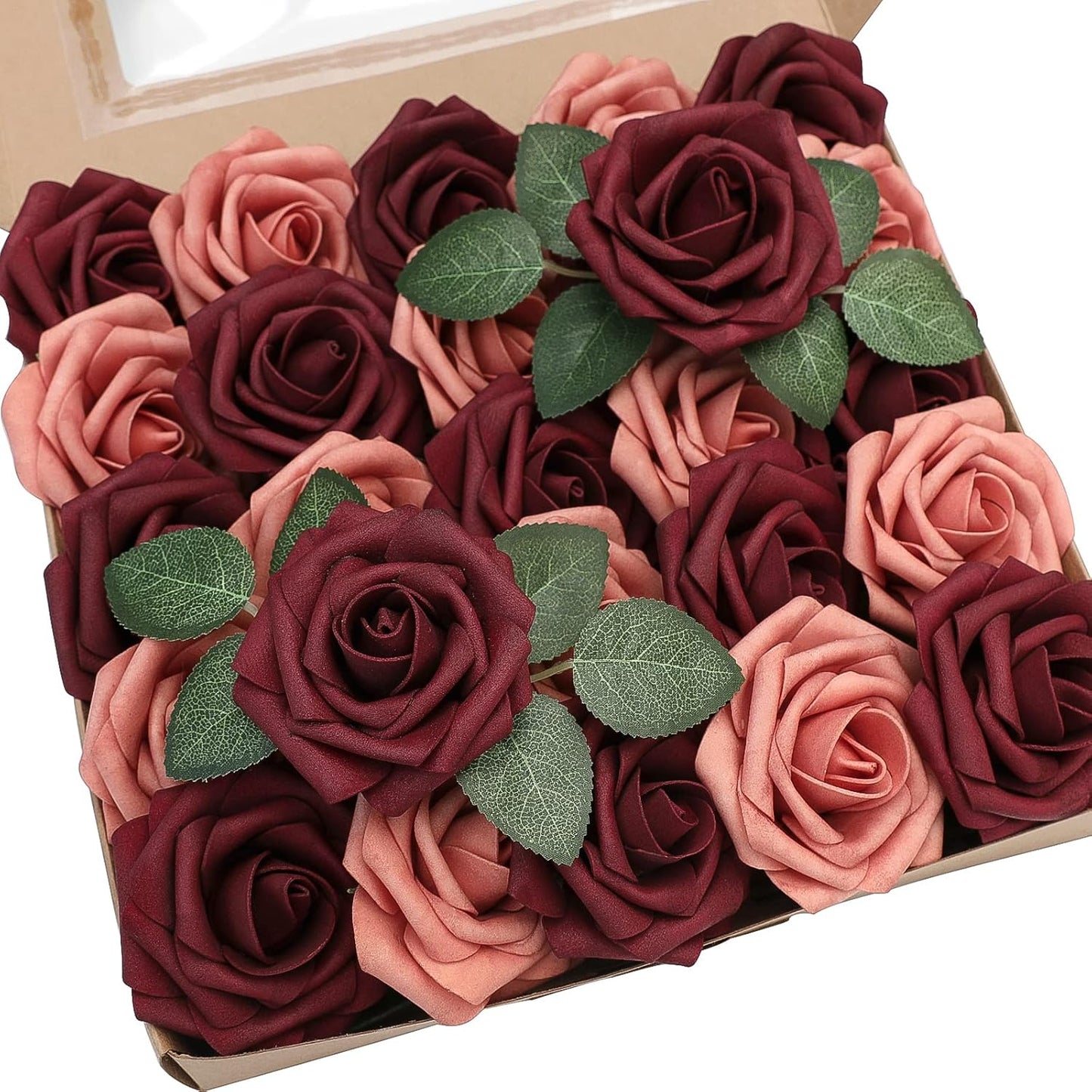 Floroom Artificial Flowers 50pcs Burgundy & Pinky Foam Roses