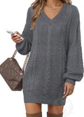 Women's Pullover Lantern Sleeve V Neck Knit Mini Sweater