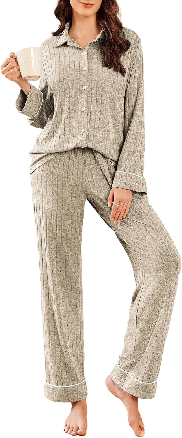 Ekouaer Womens Pajama Sets Long Sleeve Ribbed Knit Lounge Set
