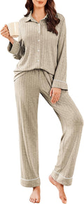 Ekouaer Womens Ribbed Knit Pajama Set - Soft Long Sleeve 2-Piece Sets