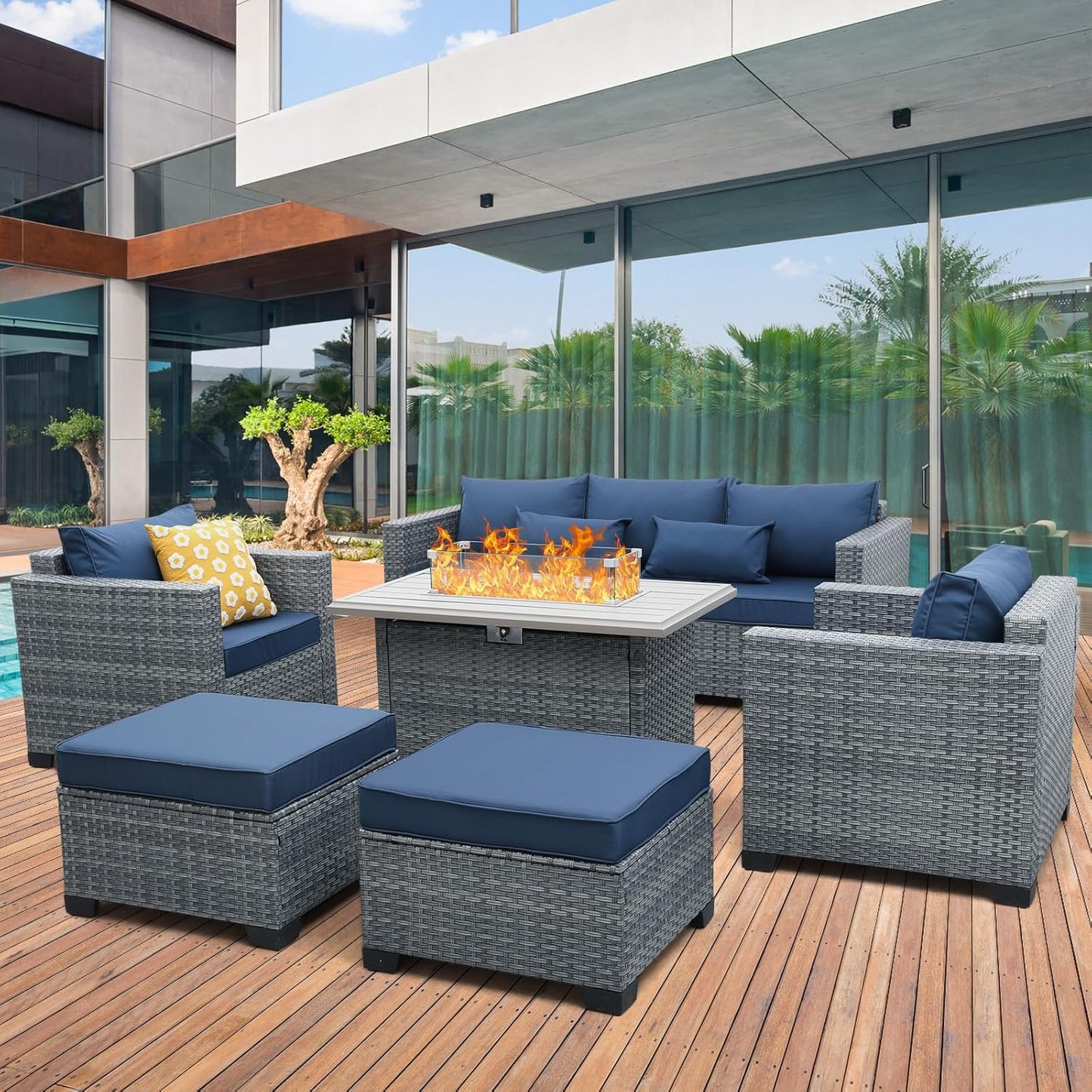 6 Pieces Wicker Patio Furniture Set with Fire Pit Table