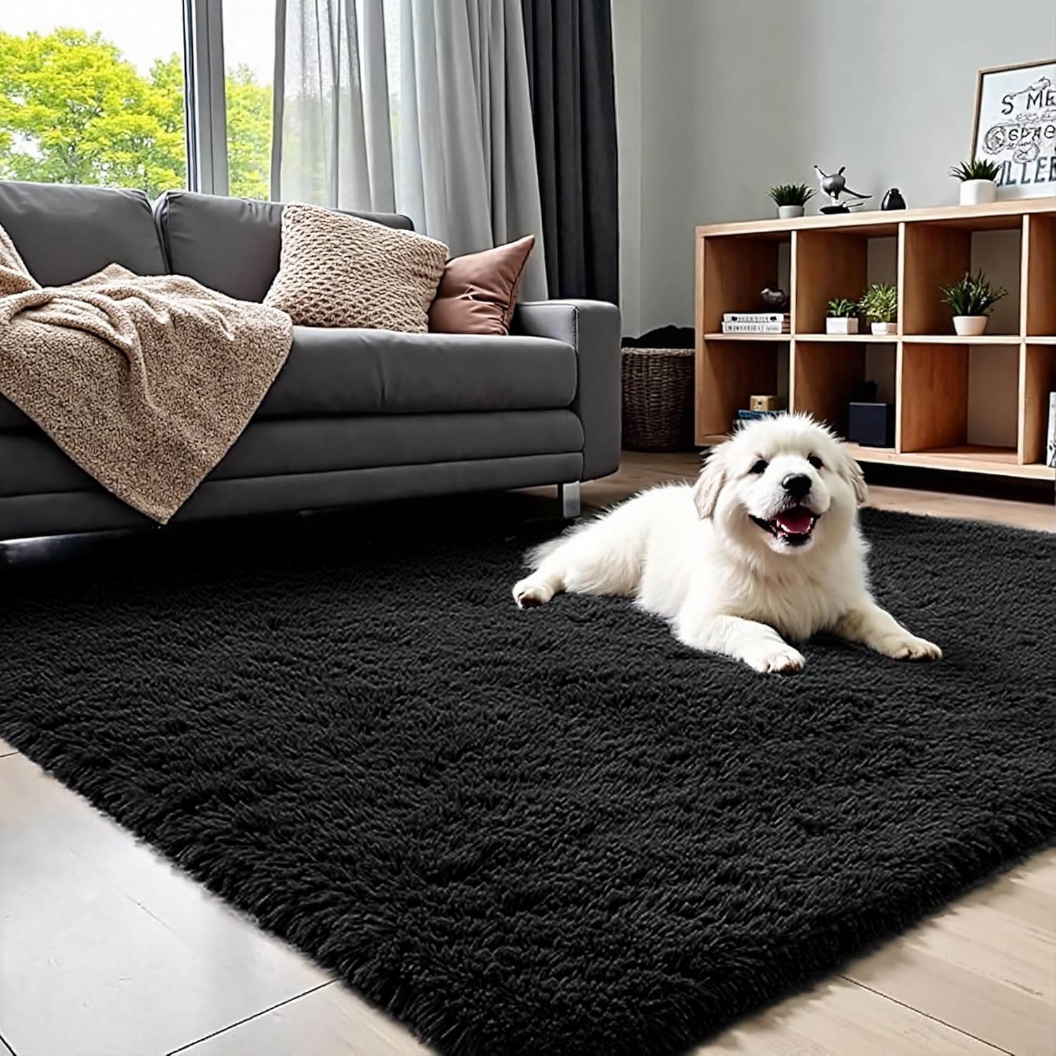 5x7 Area Rug for Living Room, Modern Black Super Shag Soft